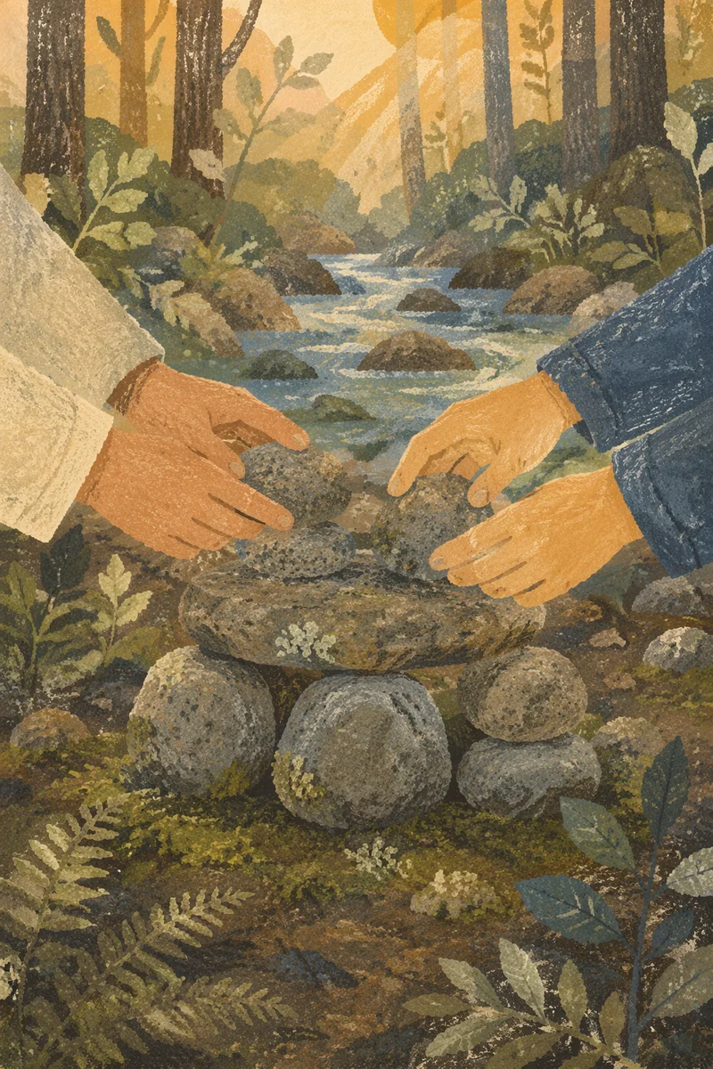 Hands Building Stone Altar in Forest