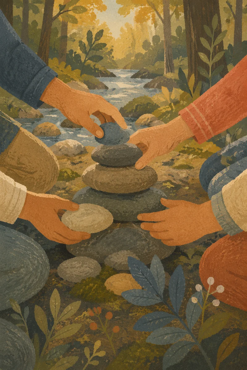 Hands Building a Woodland Stone Altar