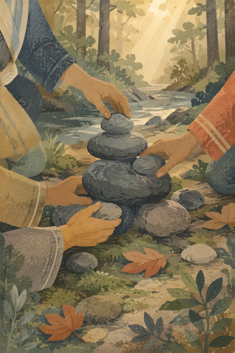 Hands Building Stone Altar by Woodland Stream