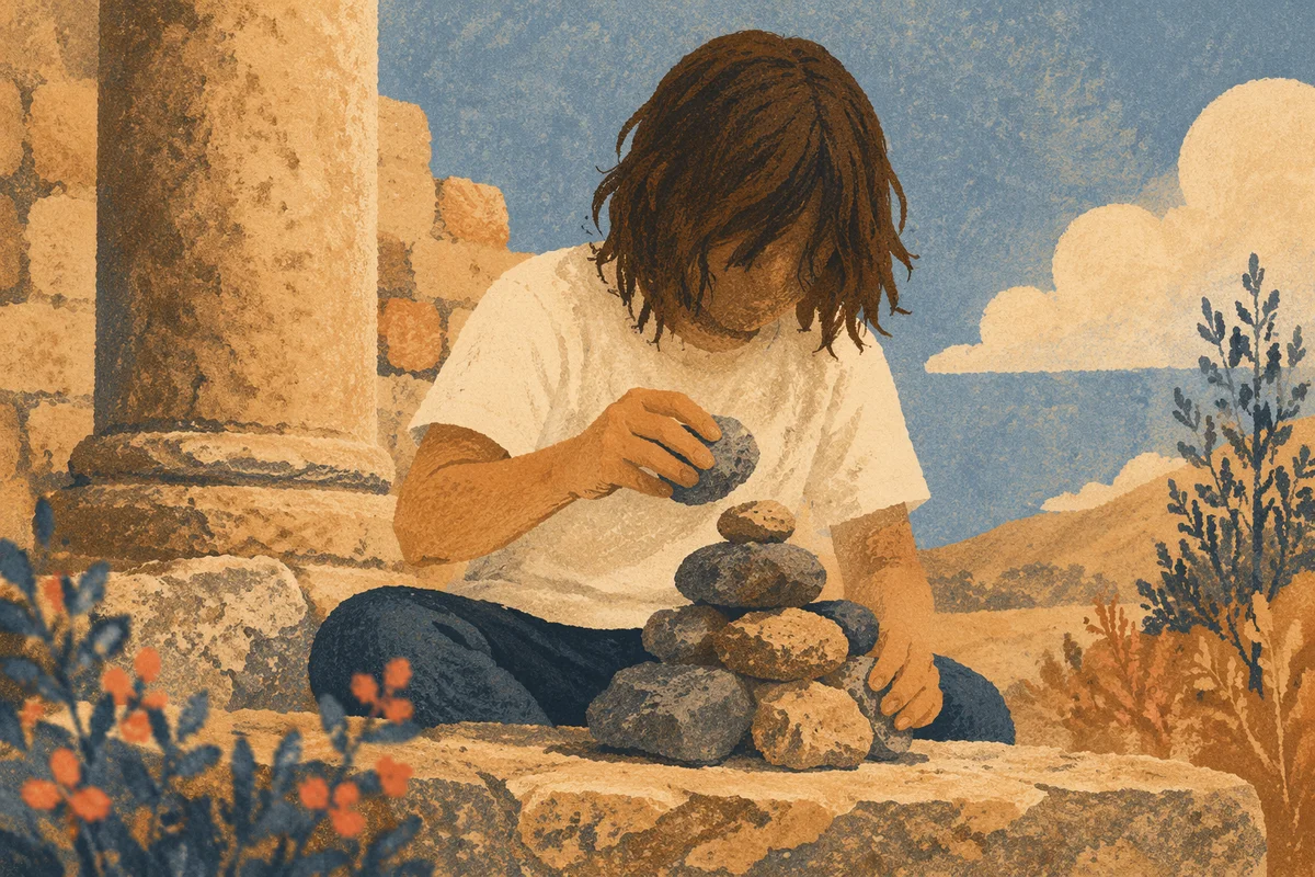 Hands Building a Stone Altar Outdoors