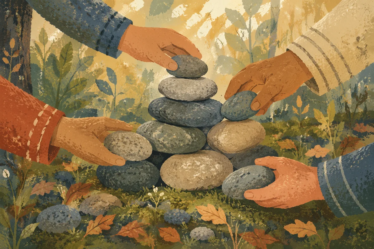Hands Building Stone Altar in Forest