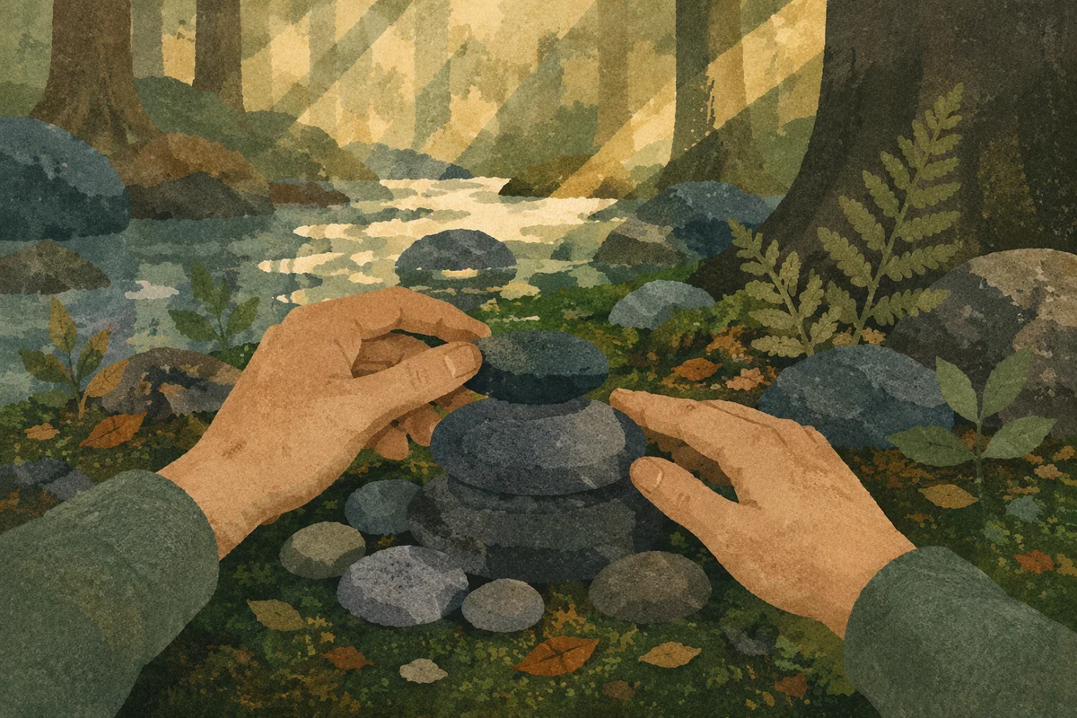 Hands Building Rustic Stone Altar Outdoors