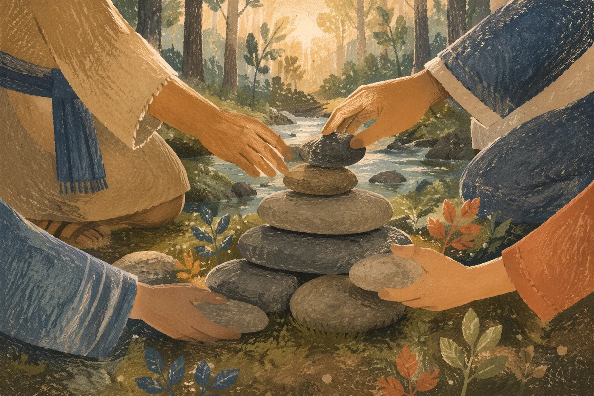 Hands Building a Woodland Stone Altar