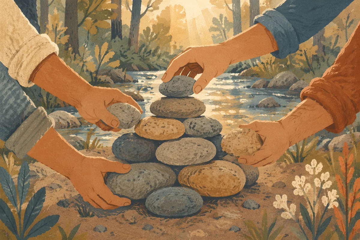 Hands Building a Woodland Stone Altar