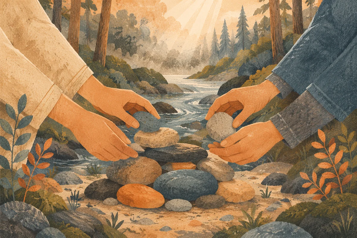 Hands Building a Woodland Stone Altar