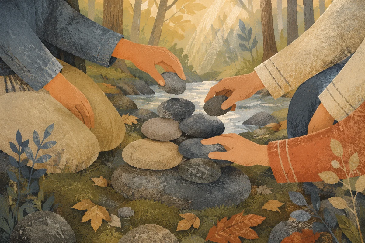 Hands Building a Woodland Stone Altar