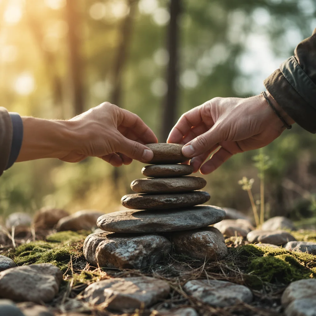 Hands Building a Stone Altar Outdoors