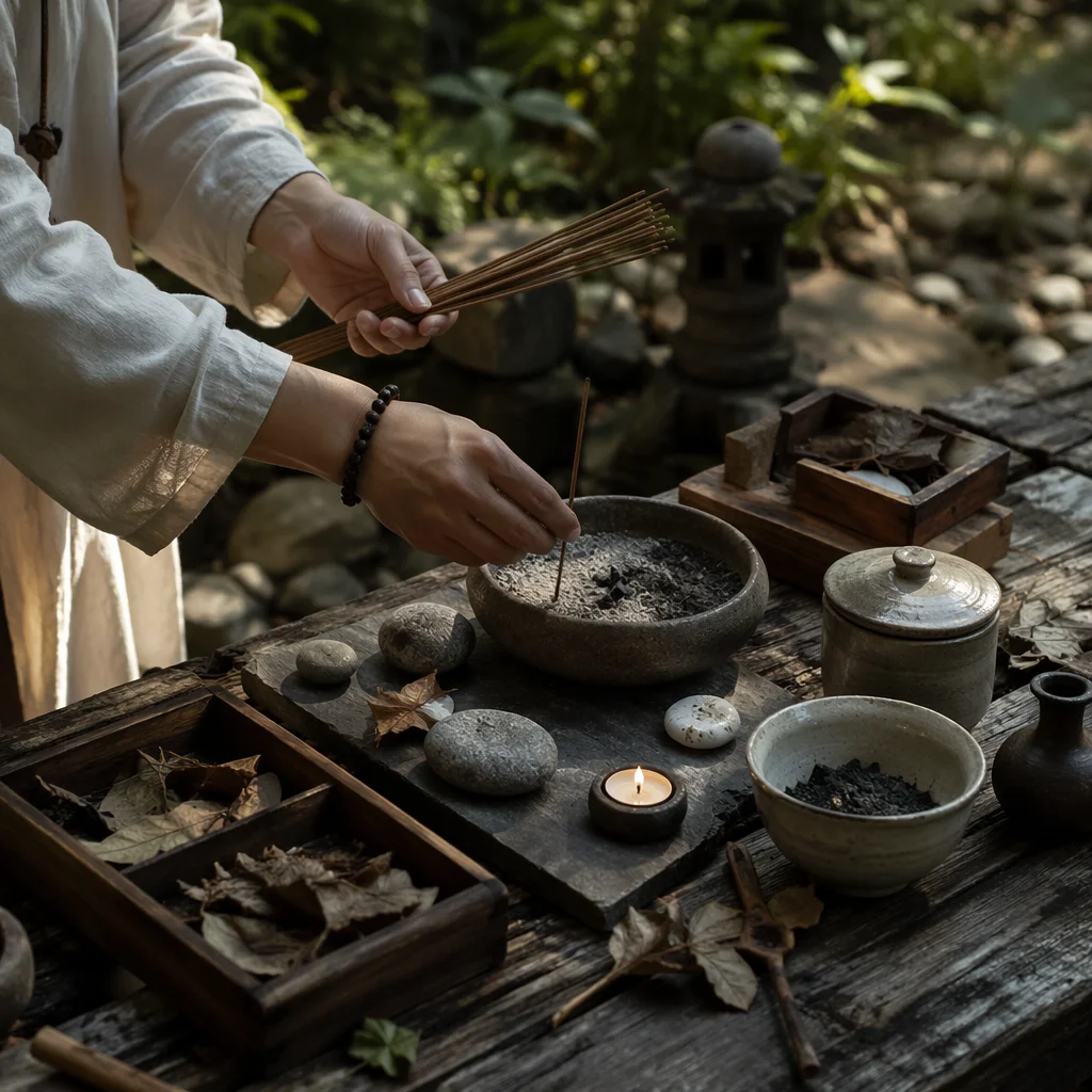 Hands Arranging Stones on Outdoor Altar