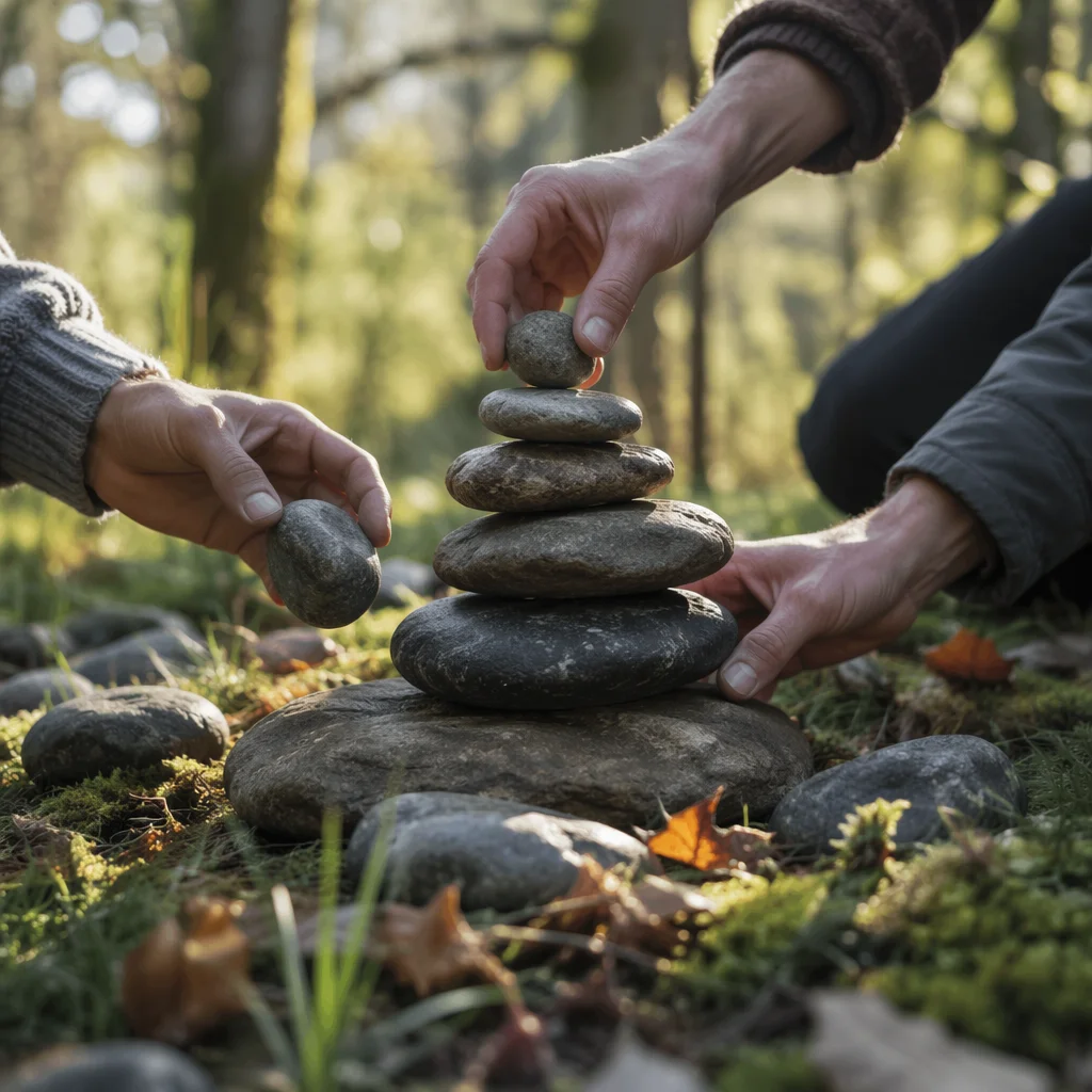 Hands Building Stone Altar in Forest