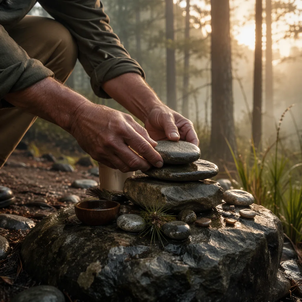 Weathered Hands Building a Forest Stone Altar