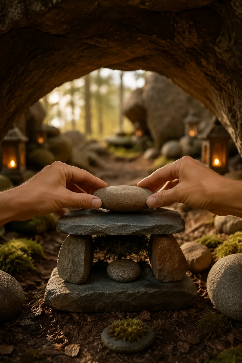 Hands Building a Stone Altar Outdoors