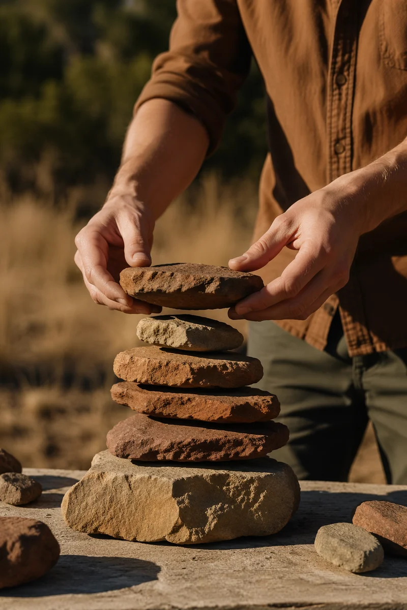 Hands Building a Stone Altar Outdoors