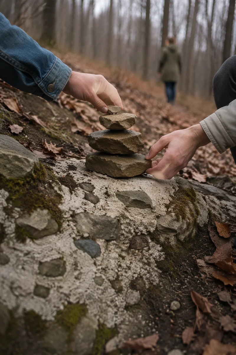 Hands Building Rustic Stone Altar Outdoors