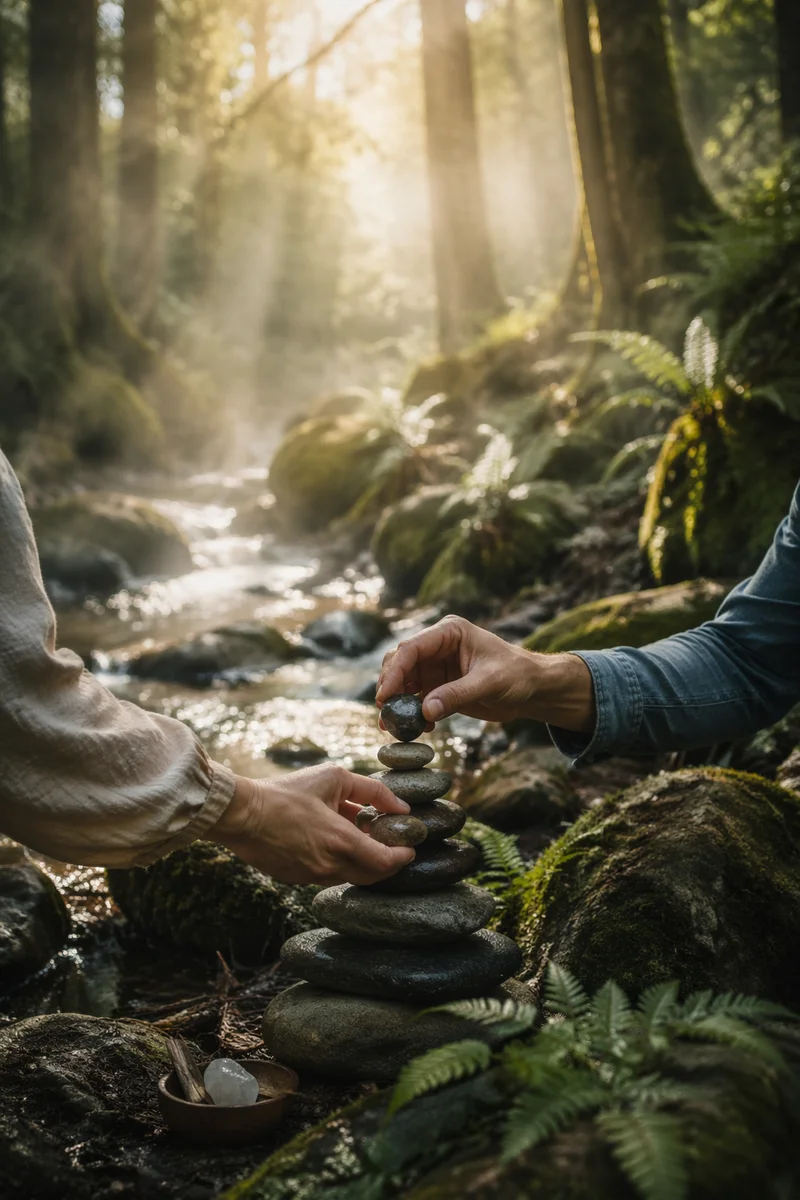 Hands Building a Stone Altar by Stream