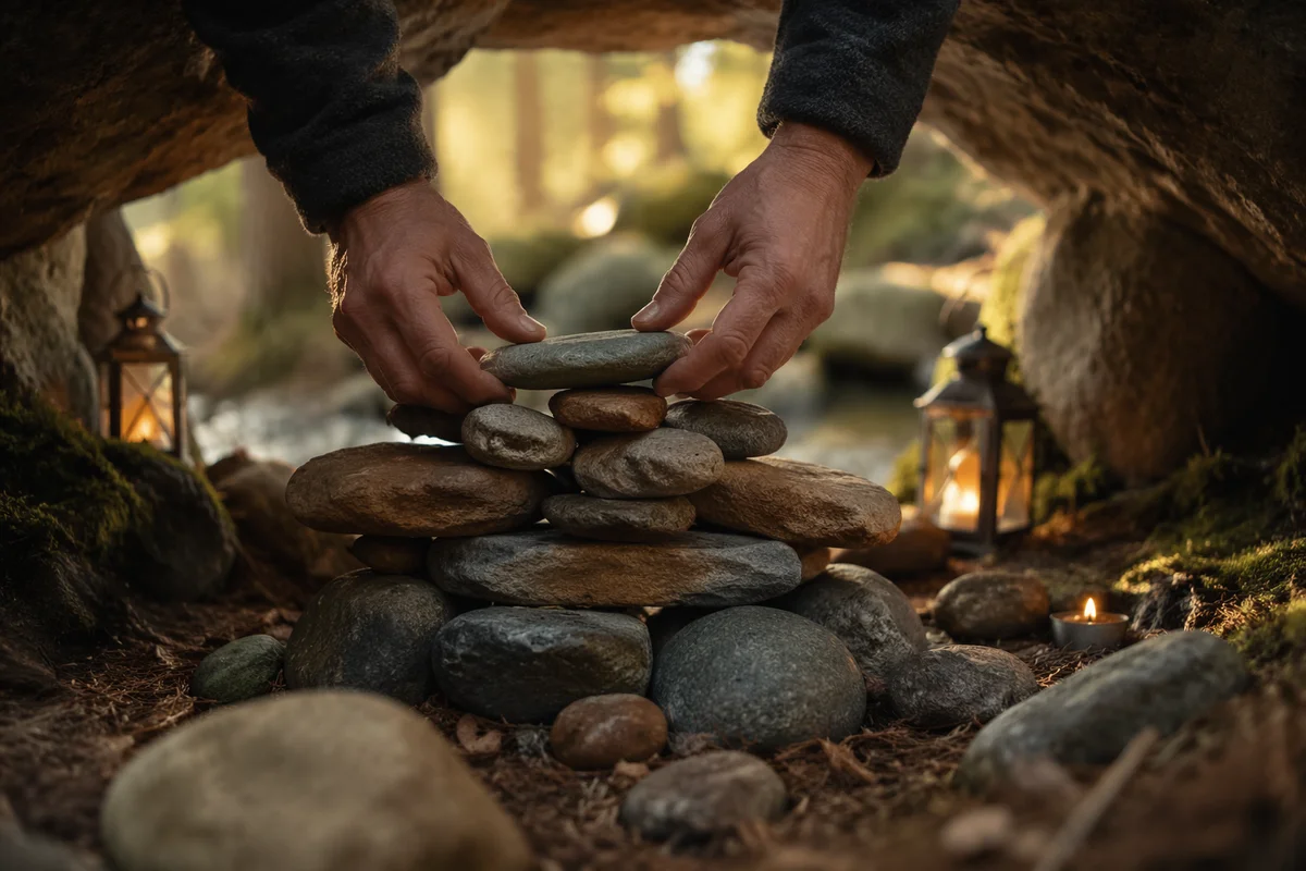 Hands Building a Woodland Stone Altar