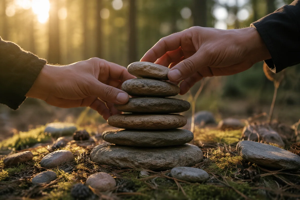Hands Building a Stone Altar Outdoors