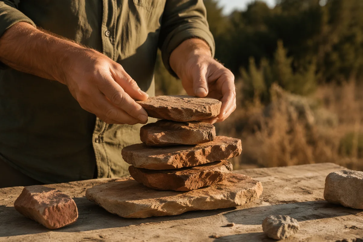 Hands Building a Stone Altar Outdoors