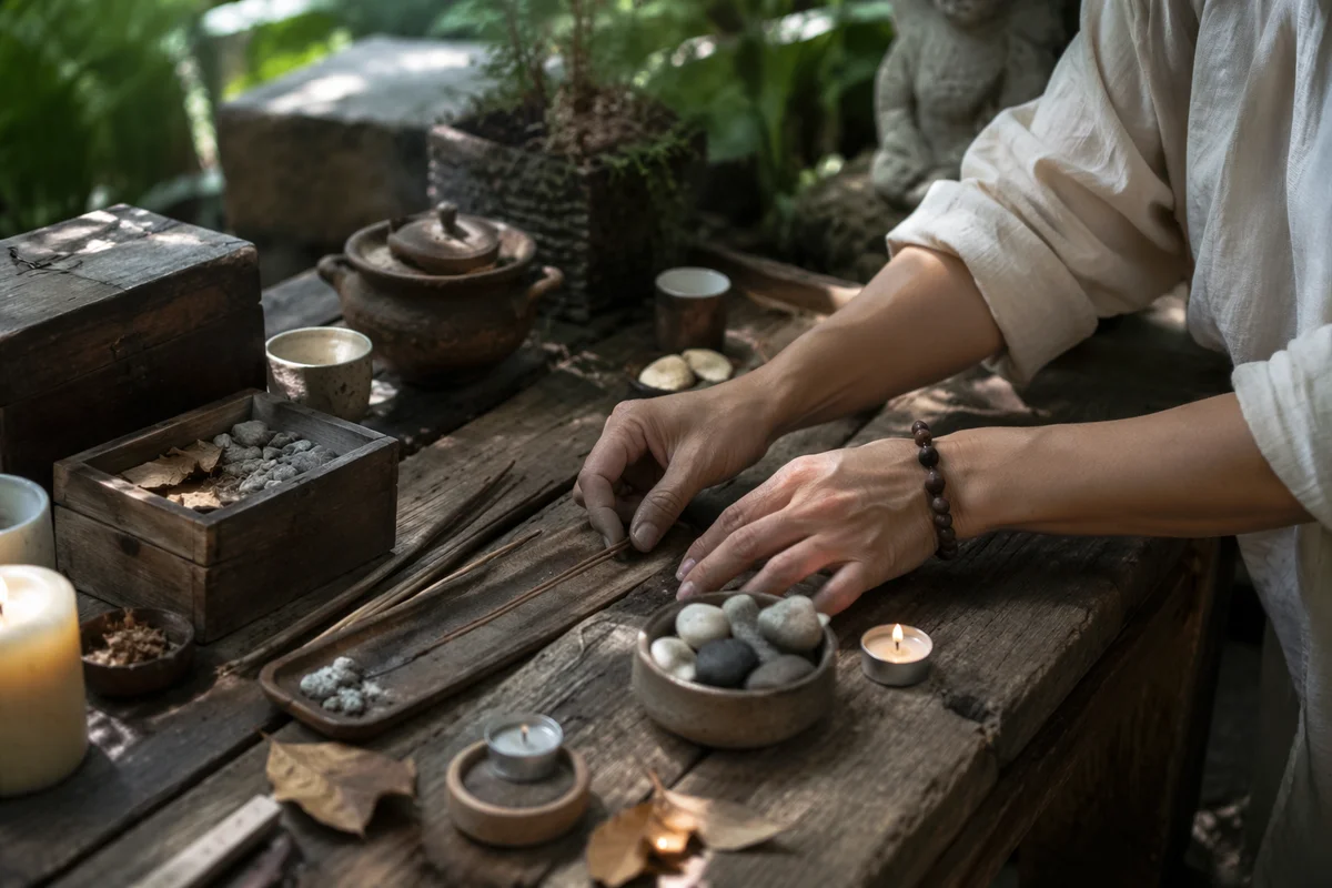 Hands Arranging Stones on Outdoor Altar