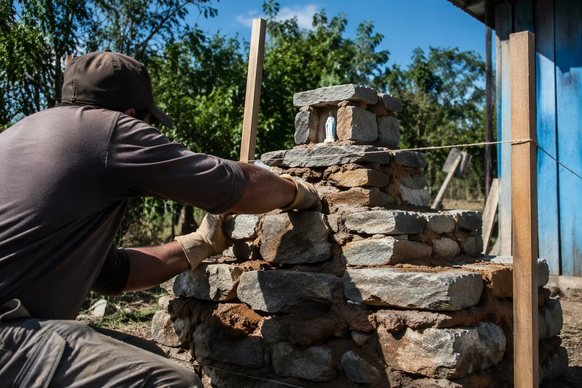 Hands Building Rustic Stone Altar Outdoors