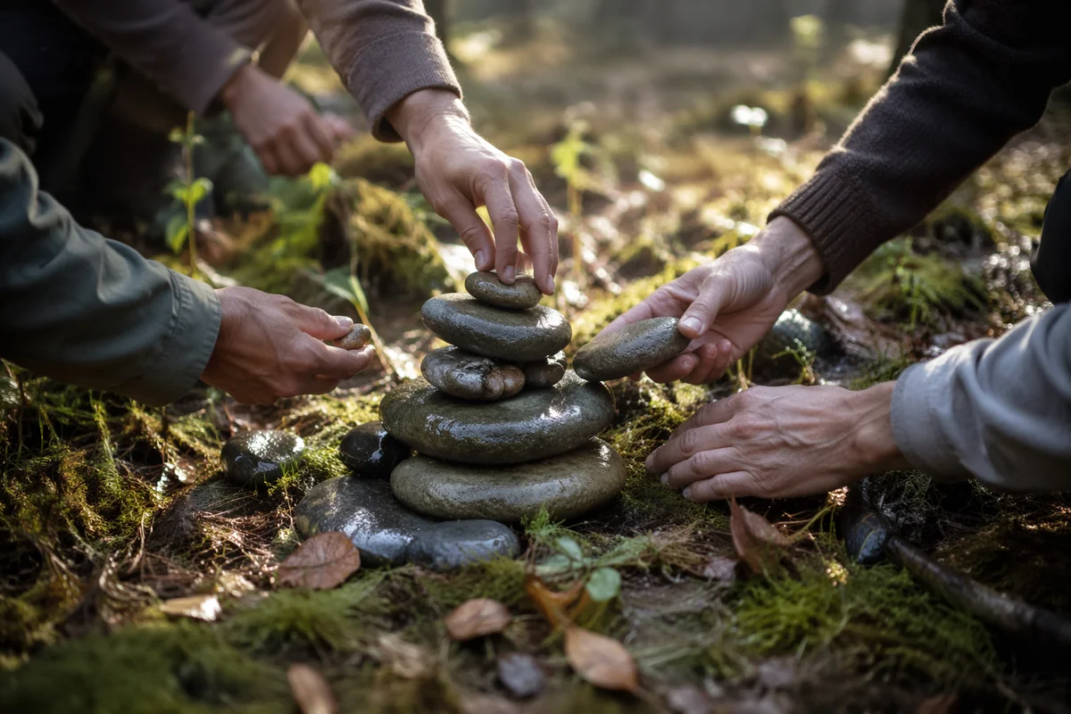 Hands Building Stone Altar in Forest
