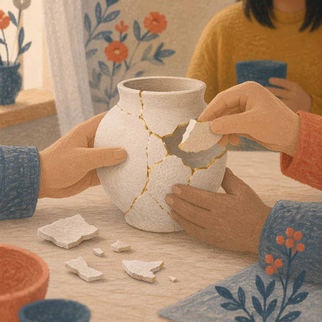 Hands Repairing Kintsugi Ceramic Vessel