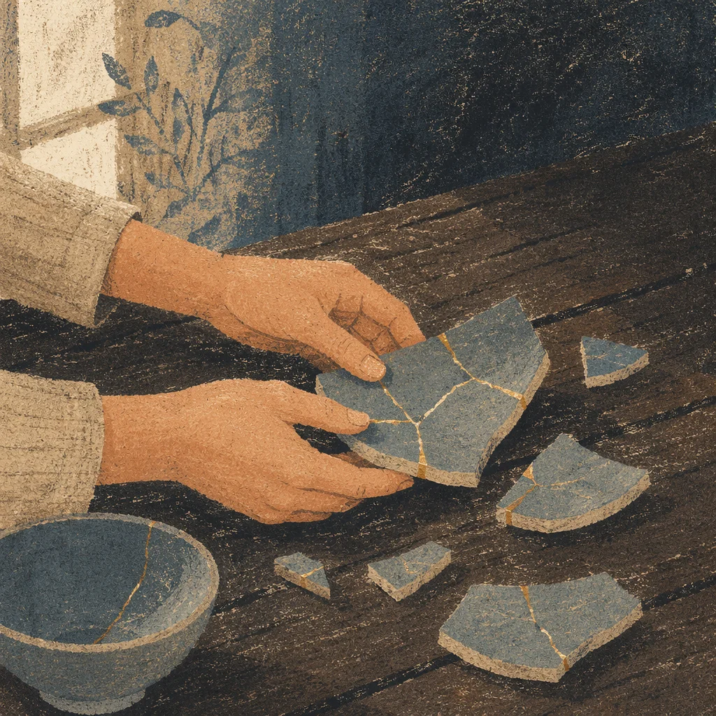 Hands Restoring Broken Kintsugi Pottery