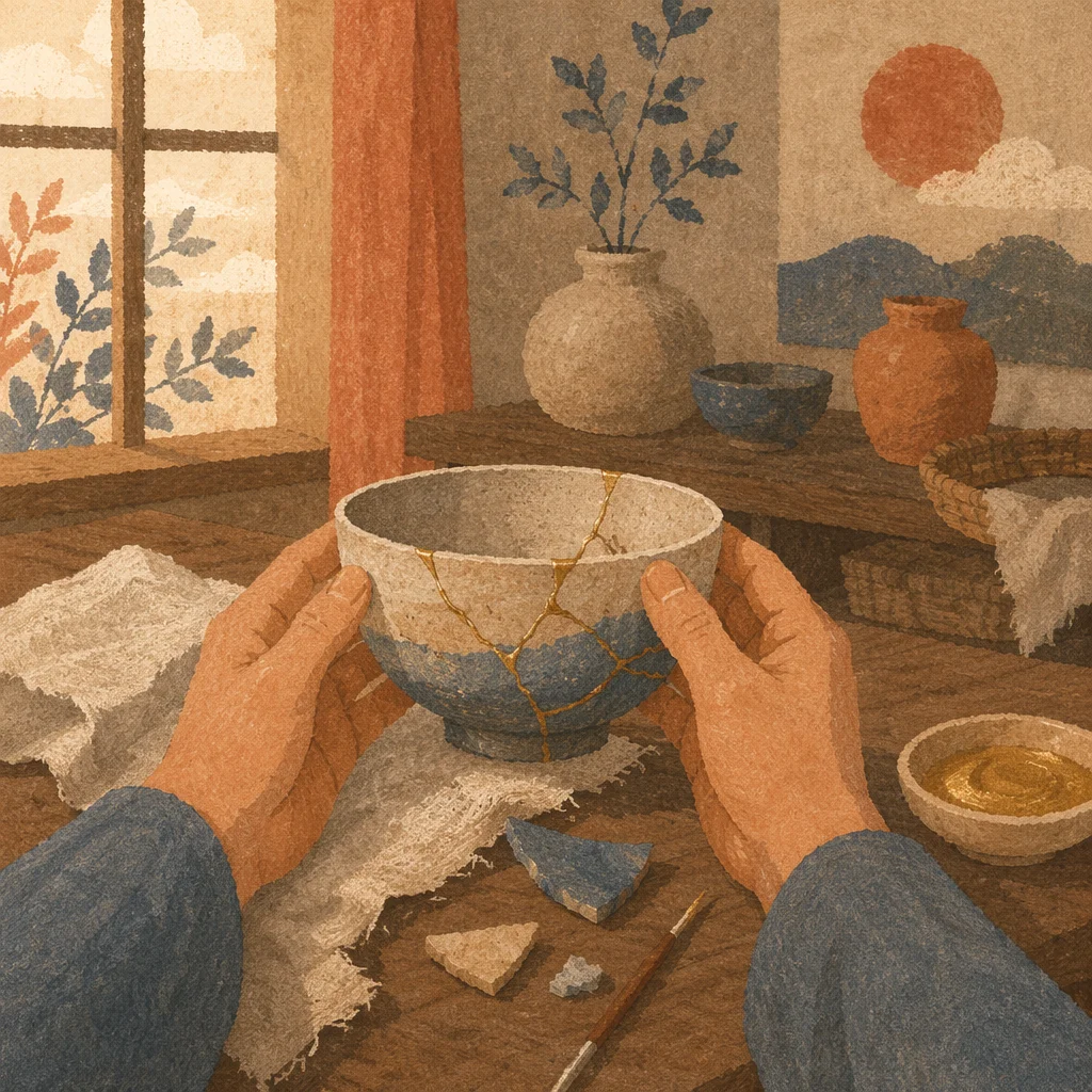 Hands Holding Repaired Kintsugi Ceramic Bowl