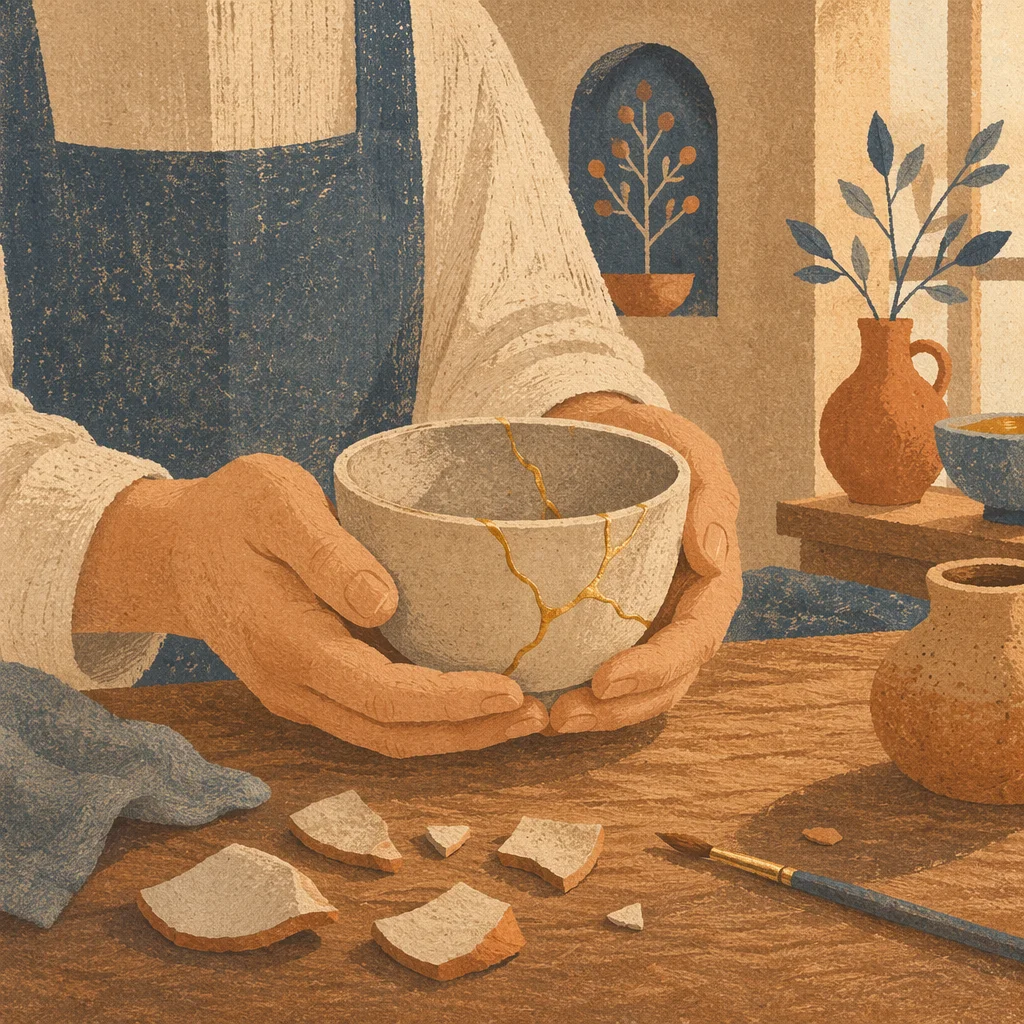 Hands Holding Kintsugi Repaired Pottery Bowl