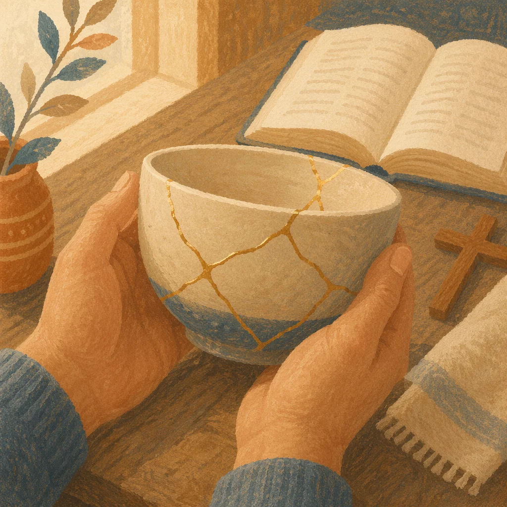 Hands Holding Kintsugi Bowl in Morning Devotion