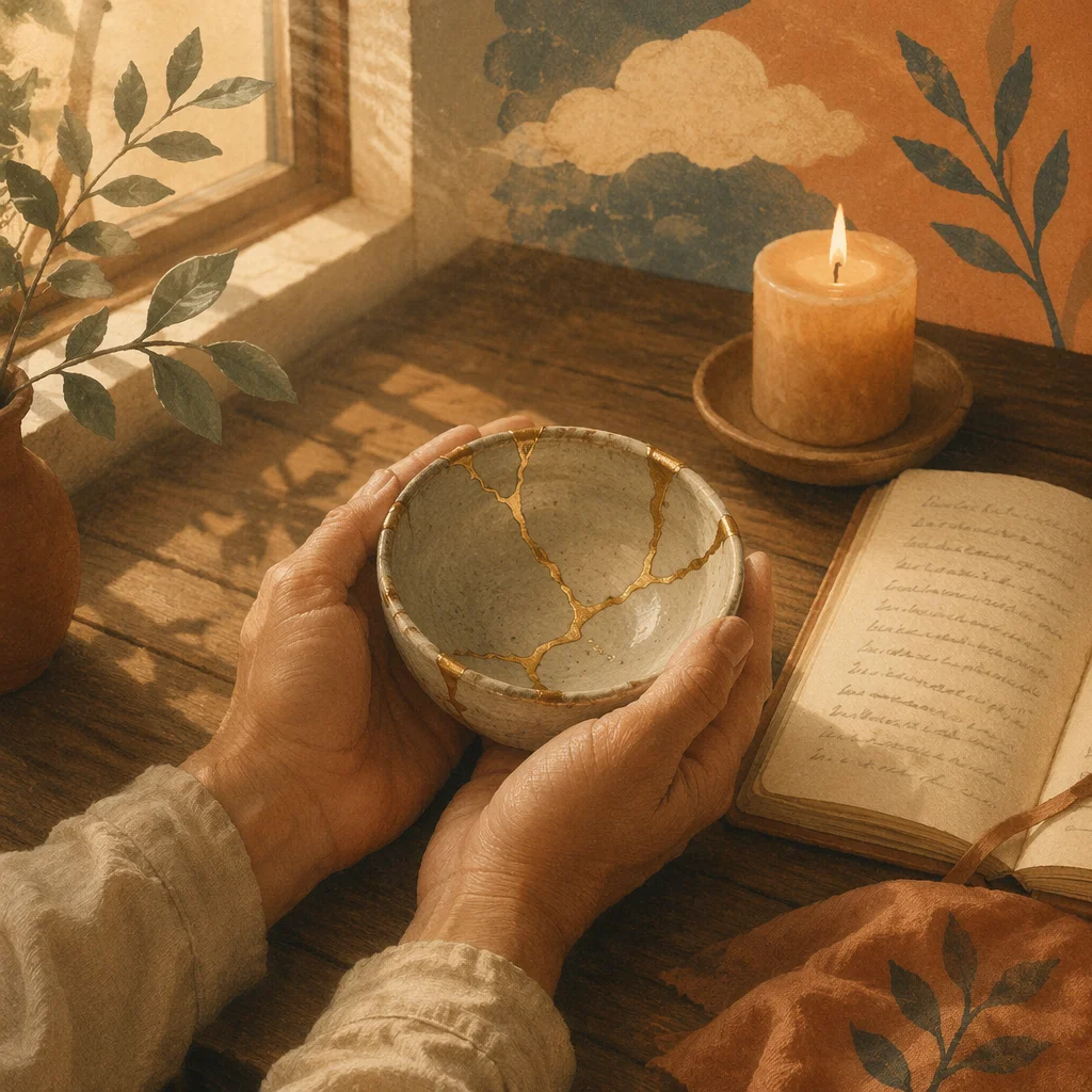 Hands Holding Kintsugi Repaired Ceramic Bowl