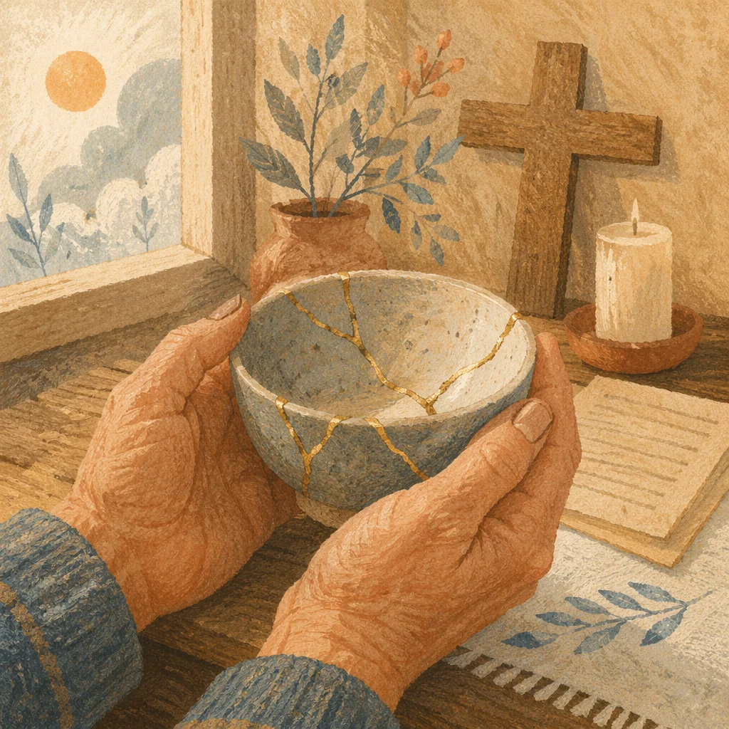 Hands Holding Kintsugi Bowl in Prayer Corner