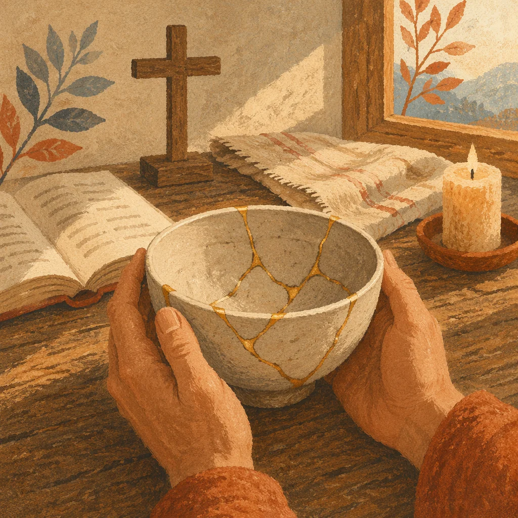 Hands Holding Kintsugi Bowl in Morning Prayer