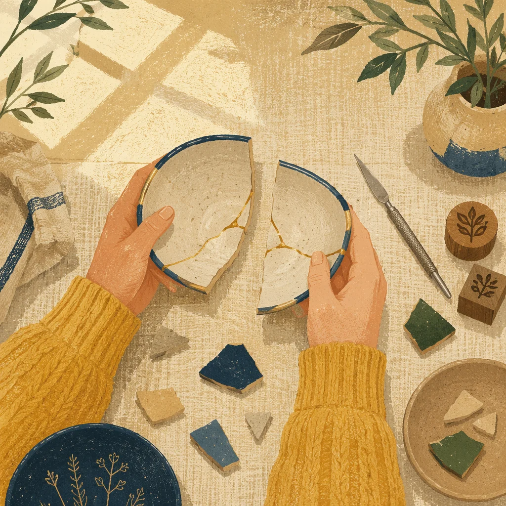 Hands Holding Broken Pottery for Kintsugi