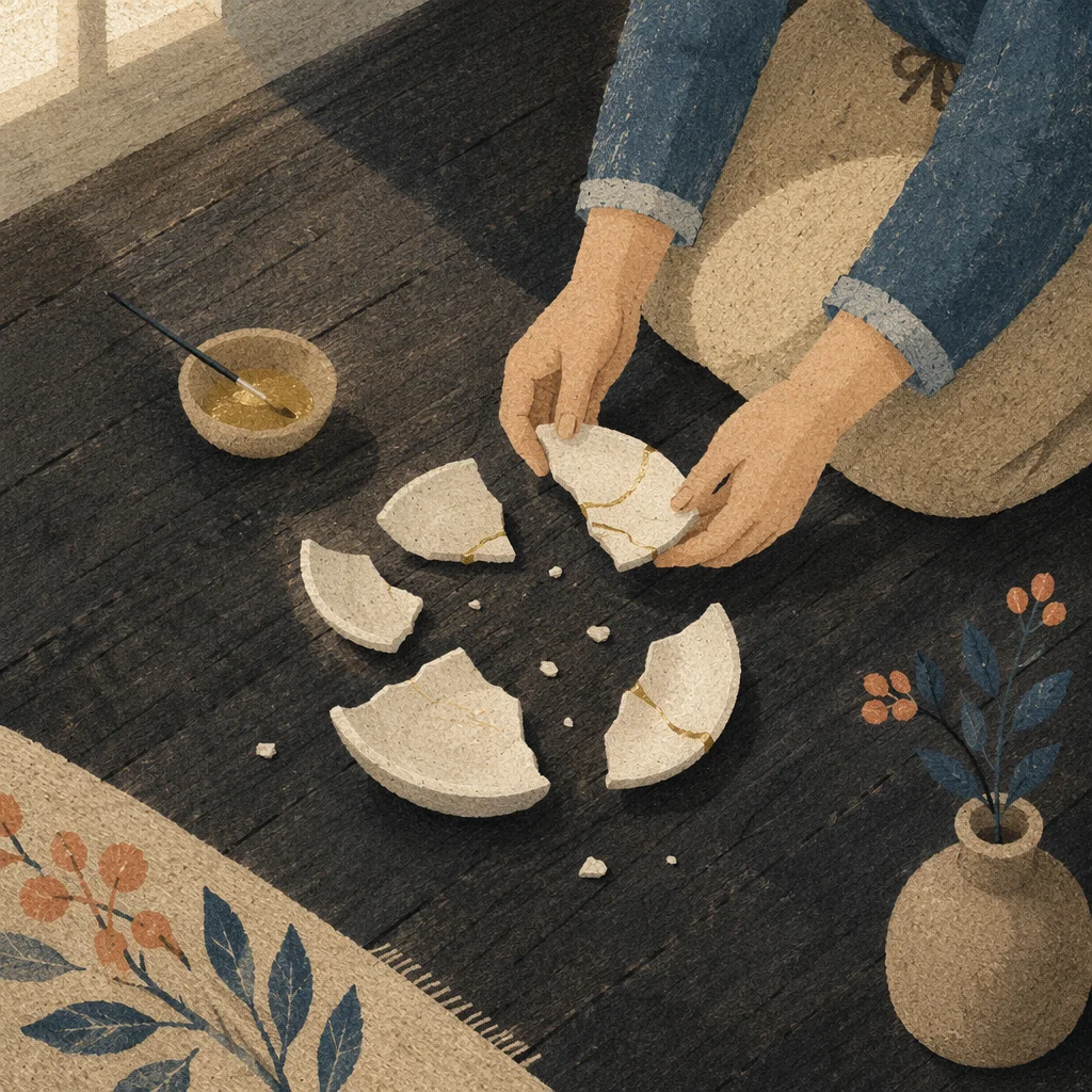 Hands Holding Broken Pottery for Kintsugi