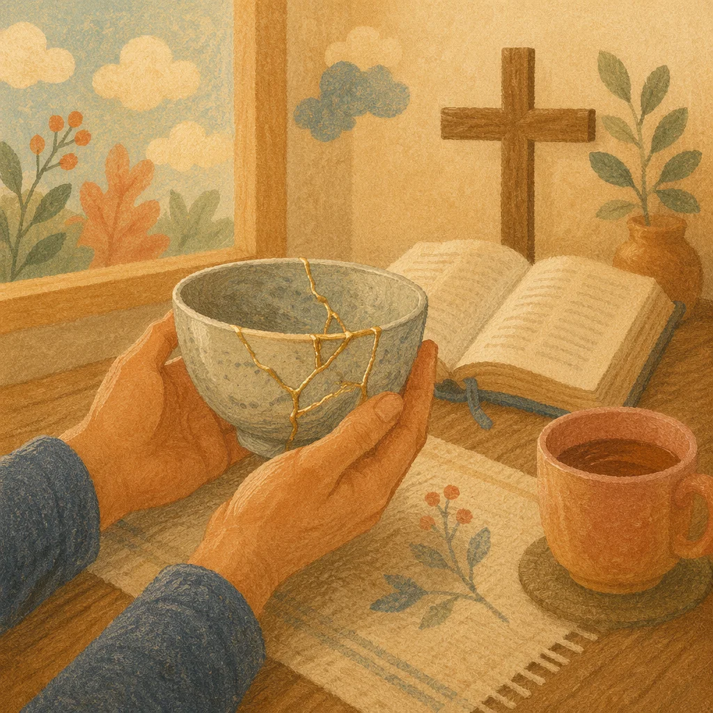Hands Holding Kintsugi Bowl in Prayerful Reflection
