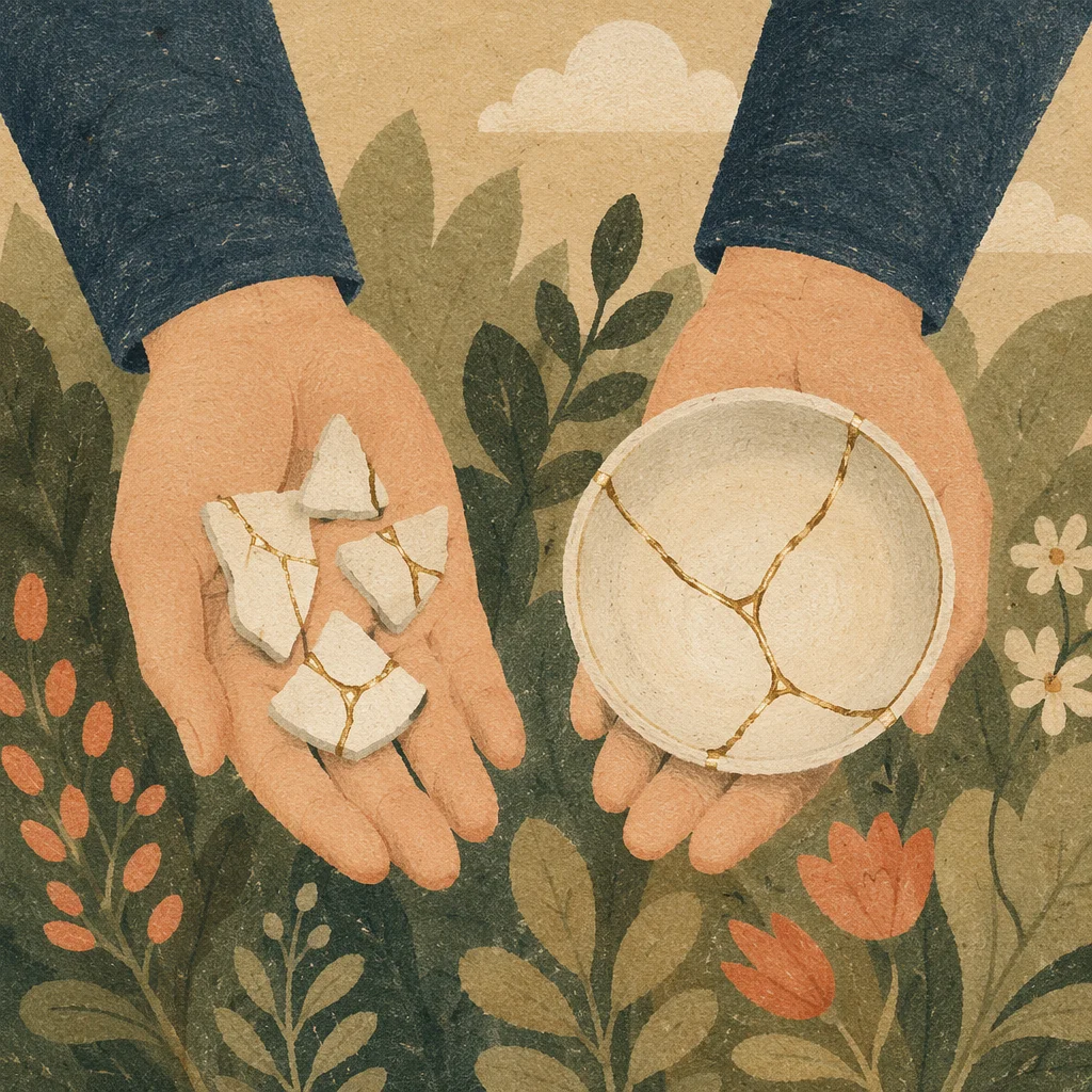 Hands Holding Kintsugi Pottery in Garden