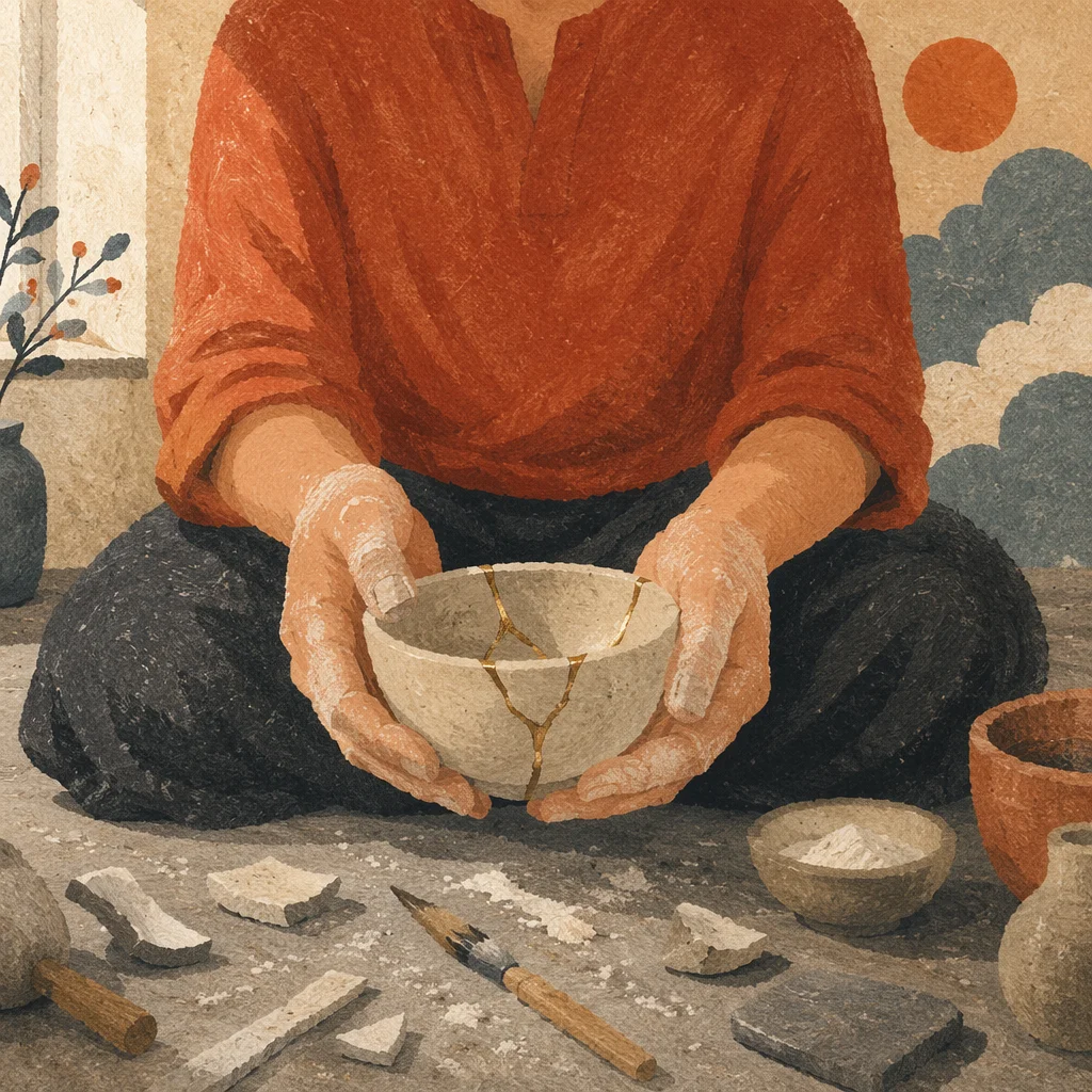 Hands Holding Kintsugi Bowl in Quiet Restoration