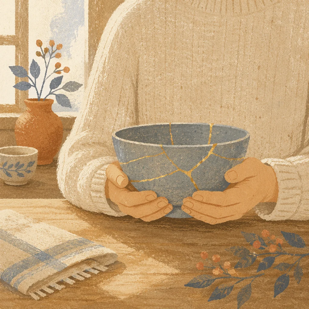 Hands Holding Repaired Kintsugi Pottery Bowl