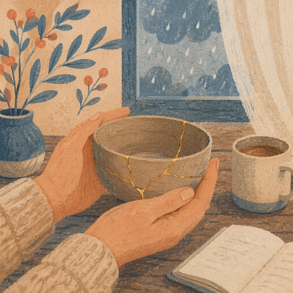 Hands Holding Kintsugi Bowl in Morning Light