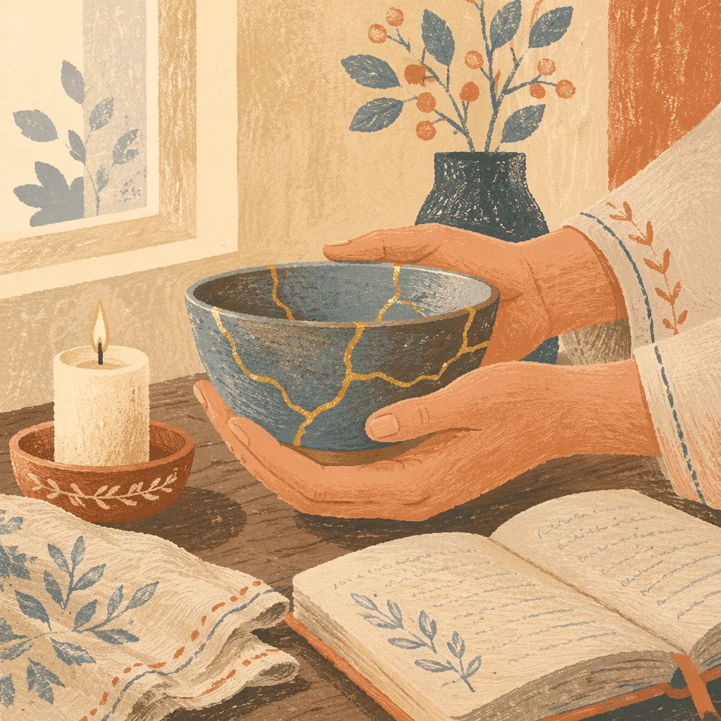 Hands Holding Kintsugi Bowl in Morning Light