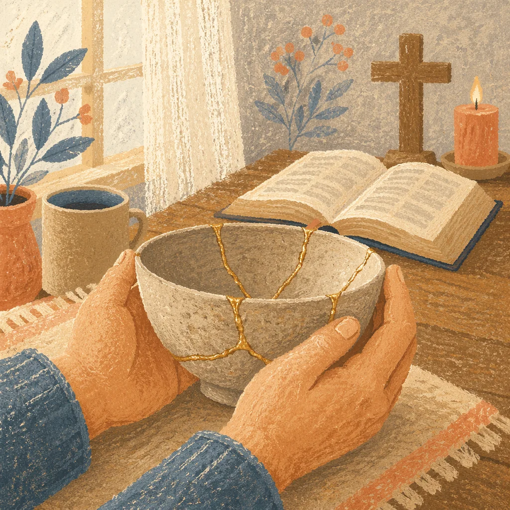Hands Holding Kintsugi Bowl in Morning Devotion