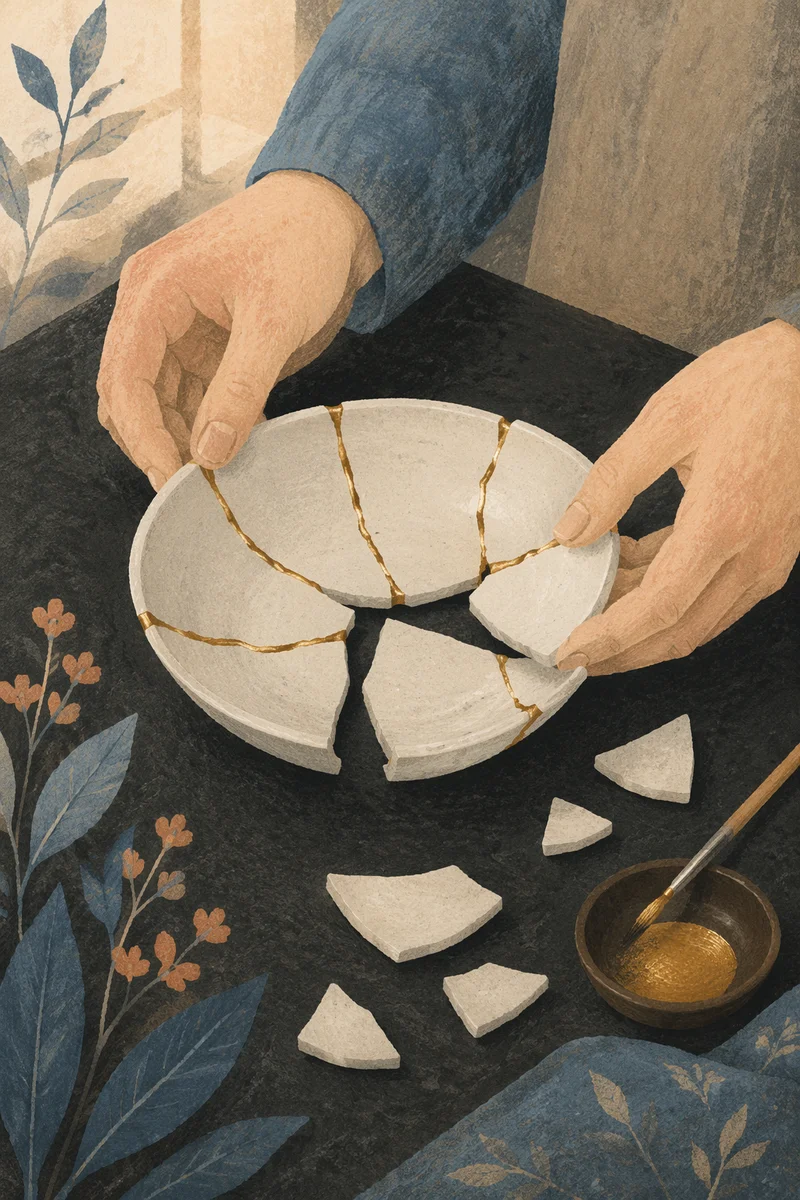 Hands Restoring Broken Pottery With Gold