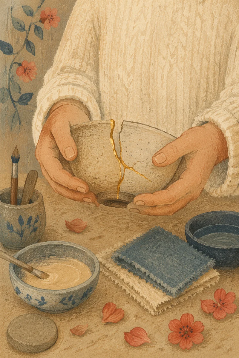 Hands Holding Kintsugi Repaired Ceramic Bowl