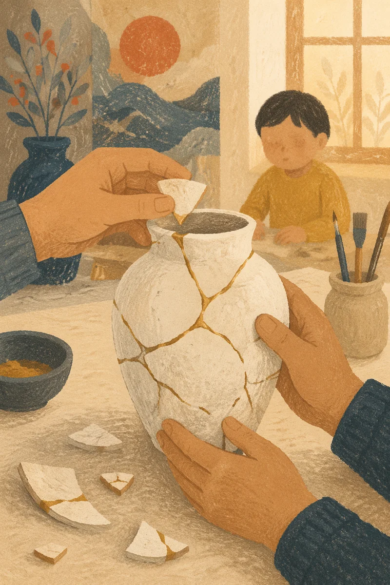 Hands Repairing Kintsugi Vase in Warm Light