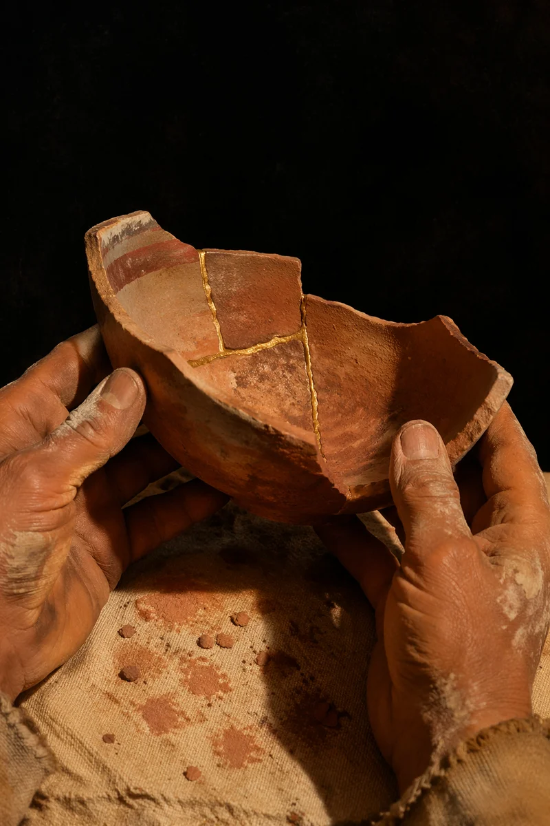 Kintsugi Hands Holding Broken Pottery