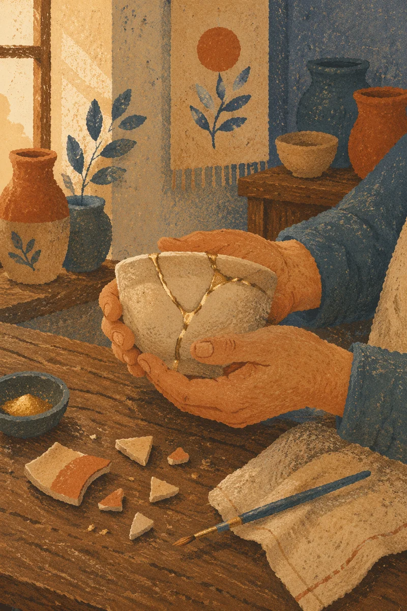 Hands Holding Kintsugi Repaired Pottery Bowl