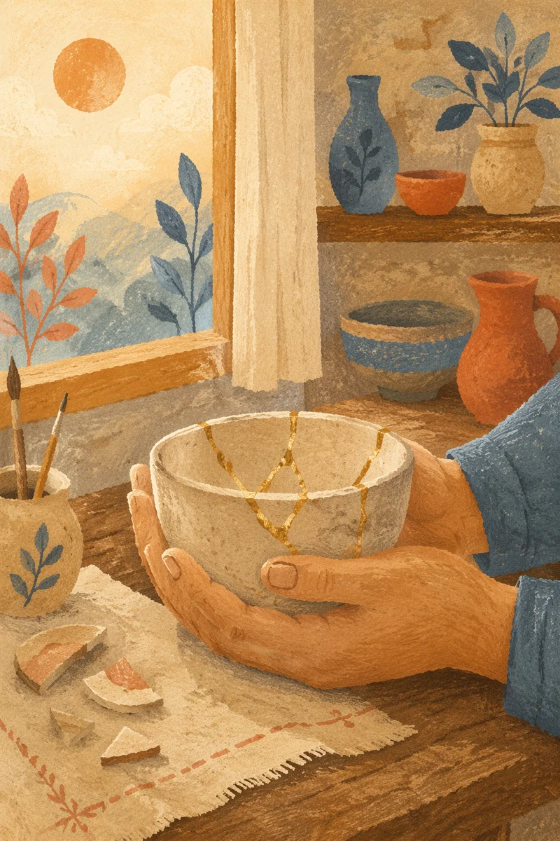 Hands Holding Kintsugi Restored Pottery Bowl