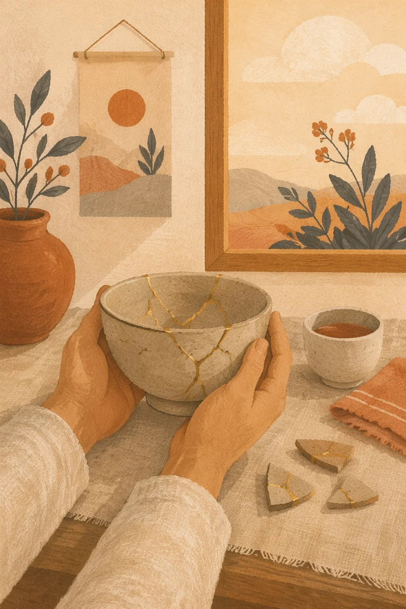 Hands Holding Kintsugi Repaired Pottery Bowl