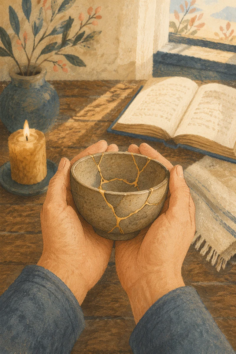 Hands Holding Kintsugi Bowl in Prayer Corner