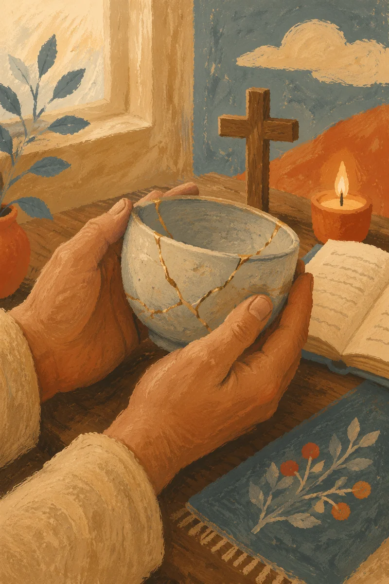 Hands Holding Kintsugi Bowl in Prayerful Reflection